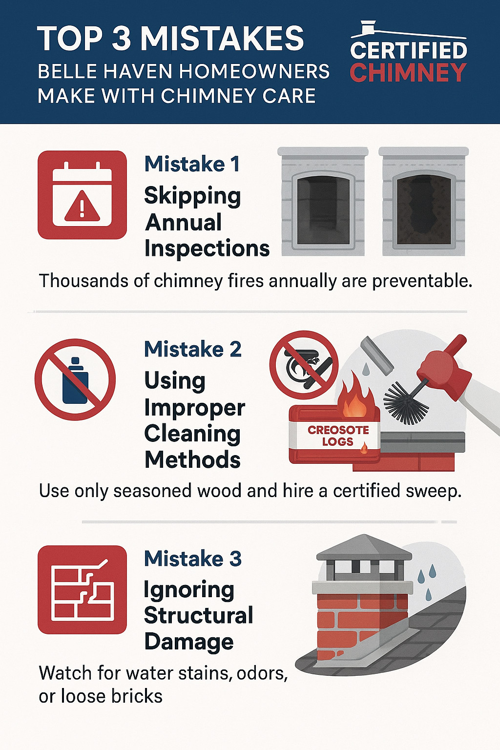 Infographic titled "Top 3 Mistakes Belle Haven Homeowners Make With Chimney Care." Lists: skipping inspections, using improper cleaning methods, and ignoring structural damage, each with icons and brief explanations.