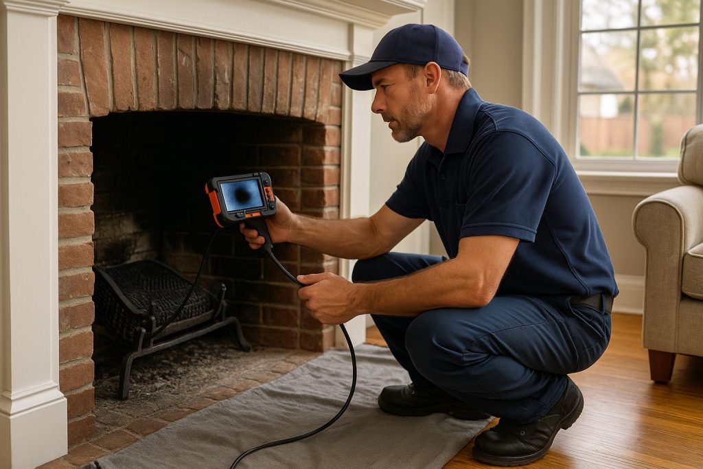 A technician in a navy uniform inspects a brick fireplace using a handheld inspection camera, kneeling on a mat inside a living room with wood floors and natural light.
