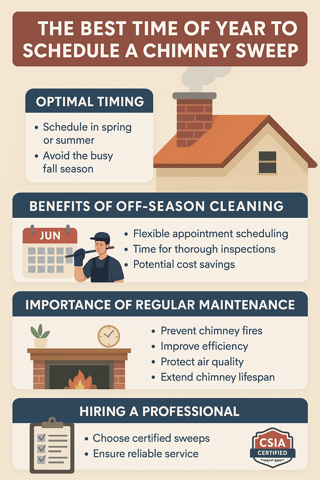Infographic about scheduling chimney sweeps, highlighting optimal timing (spring or summer), benefits of off-season cleaning, importance of regular maintenance, and hiring certified professionals. Includes related icons and illustrations.