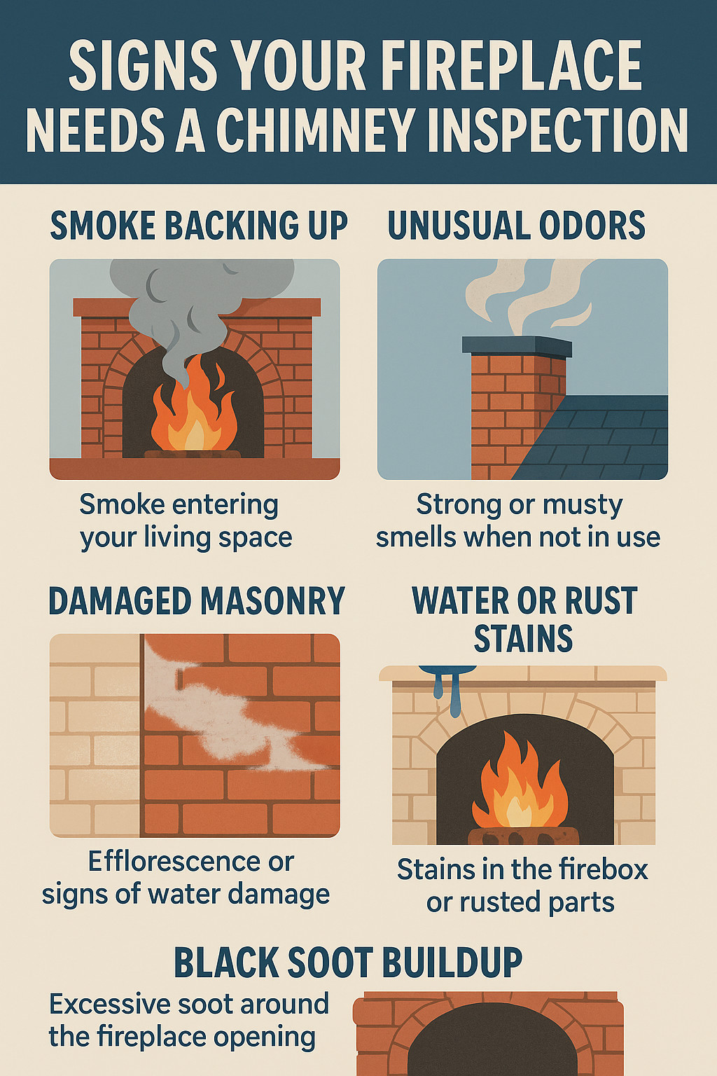 Infographic titled "Signs Your Fireplace Needs a Chimney Inspection" with illustrations and text: smoke backing up, unusual odors, damaged masonry, water or rust stains, and black soot buildup as warning signs.