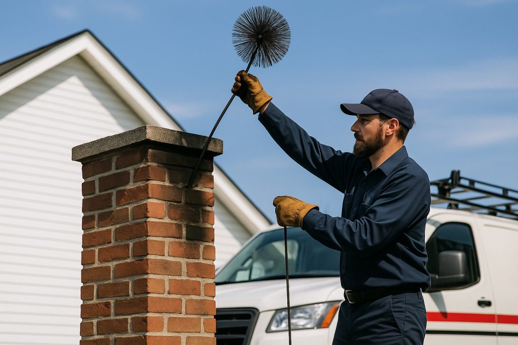 A worker in a blue uniform and gloves cleans a brick chimney with a brush. A white van is parked nearby, and a white house is visible in the background under a clear sky.